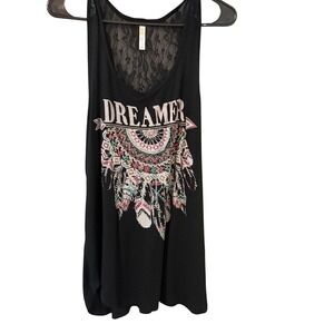 Grunge Boho Dreamer Graphic Tank Top Black Lace Back Rhinestone Women 2X
